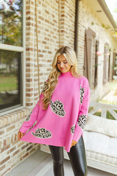 Pink Leopard Cowgirl Hat Mock Neck Sweater