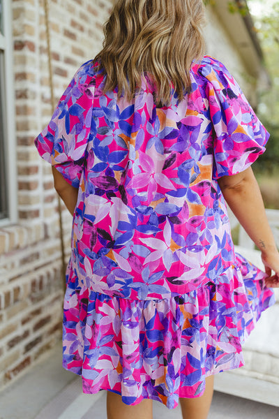 Magenta Mix Floral Square Neck Puff Sleeve Dress