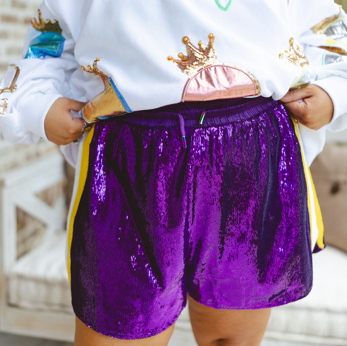 Queen Of Sparkles Purple & Yellow Sequin Stripe Shorts