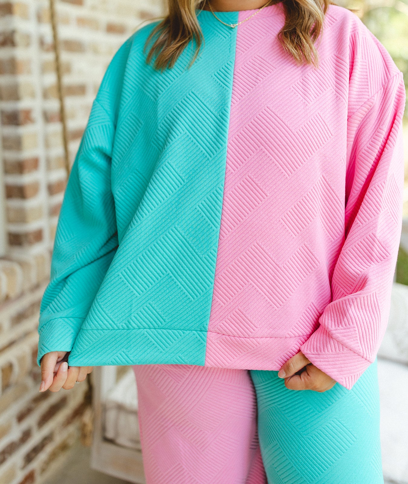 Bubble and Turquoise Textured Long Sleeve Top and Pant Set