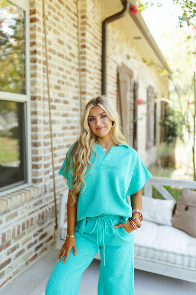 Turquoise Textured Collared Top and Pant Set