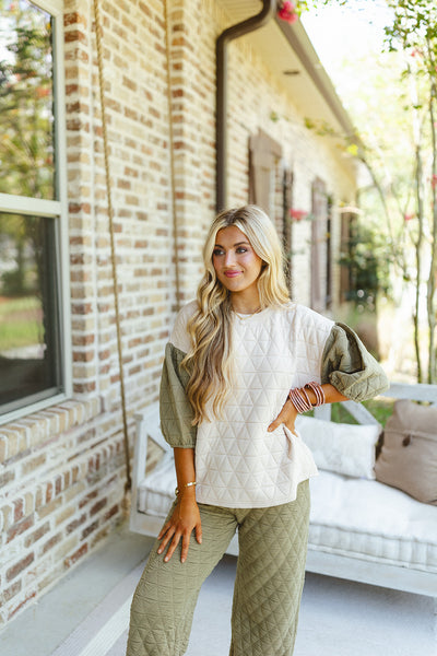 Olive Cream Quilted Colorblock Bubble Top and Pant Set