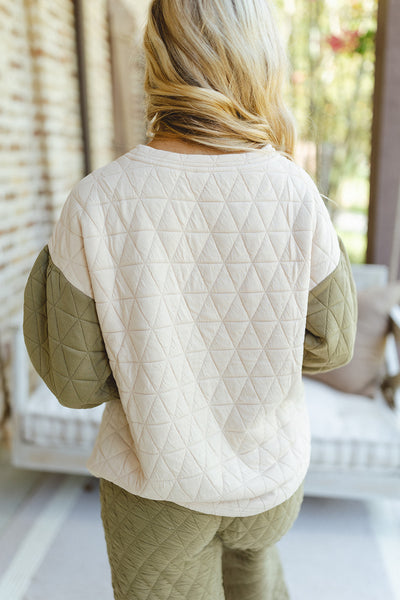 Olive Cream Quilted Colorblock Bubble Top and Pant Set