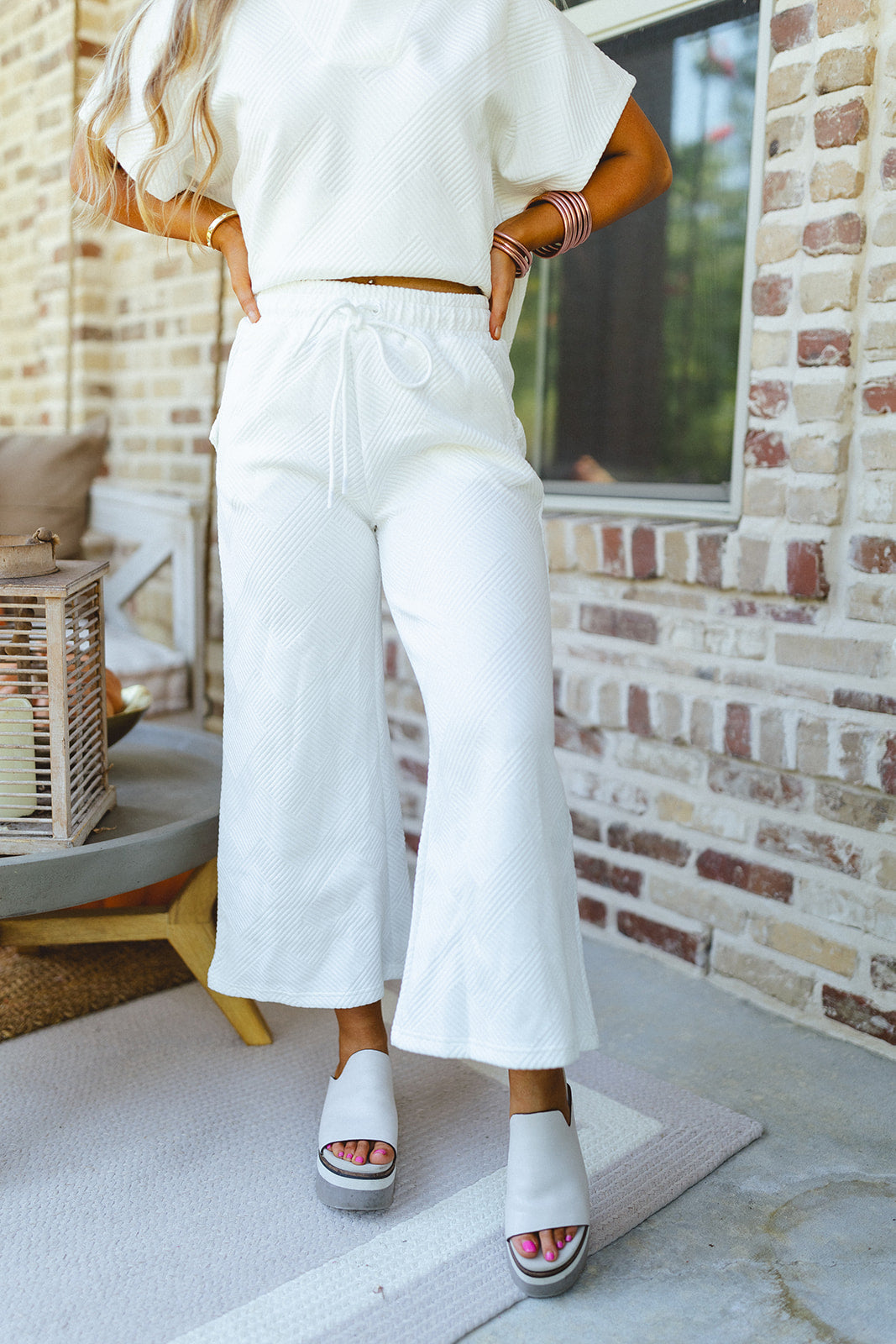 White Textured Collared Top and Pant Set
