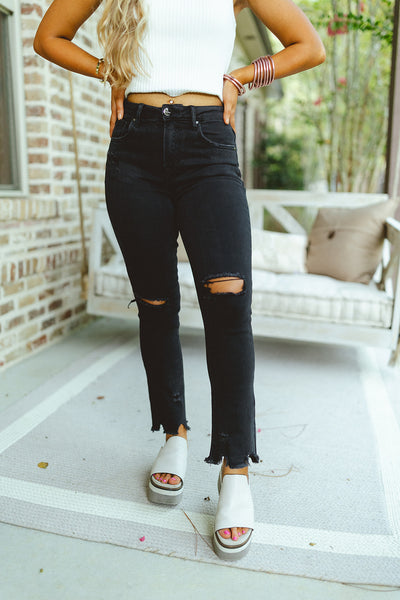 Black Washed Distressed Slim Straight Jeans