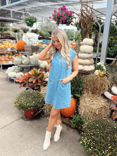 Denim Blue Round Neck Contrast Stitch Mini Dress