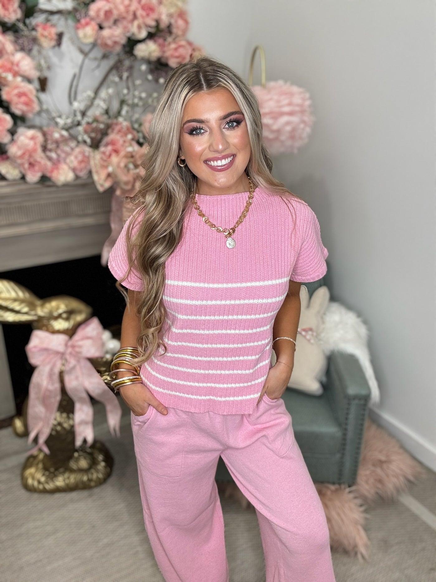 Pink Striped Top and Wide Leg Bunched Bottom Pants