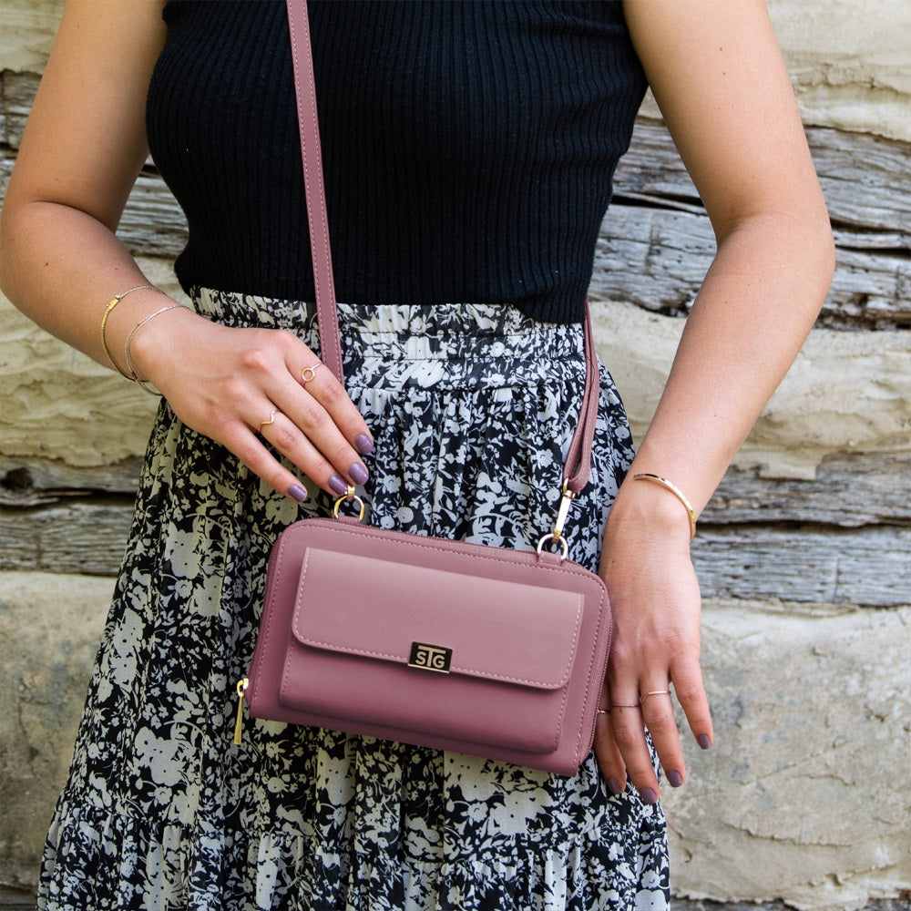 Salmon purse with cell phone backing and glasses pocket.