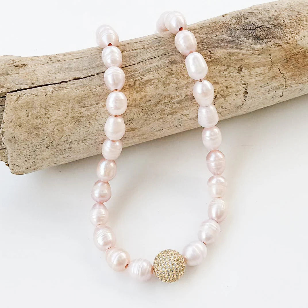 Virtue Jewelry Kristen Luxe Pearl Pave Ball Necklace - Blush