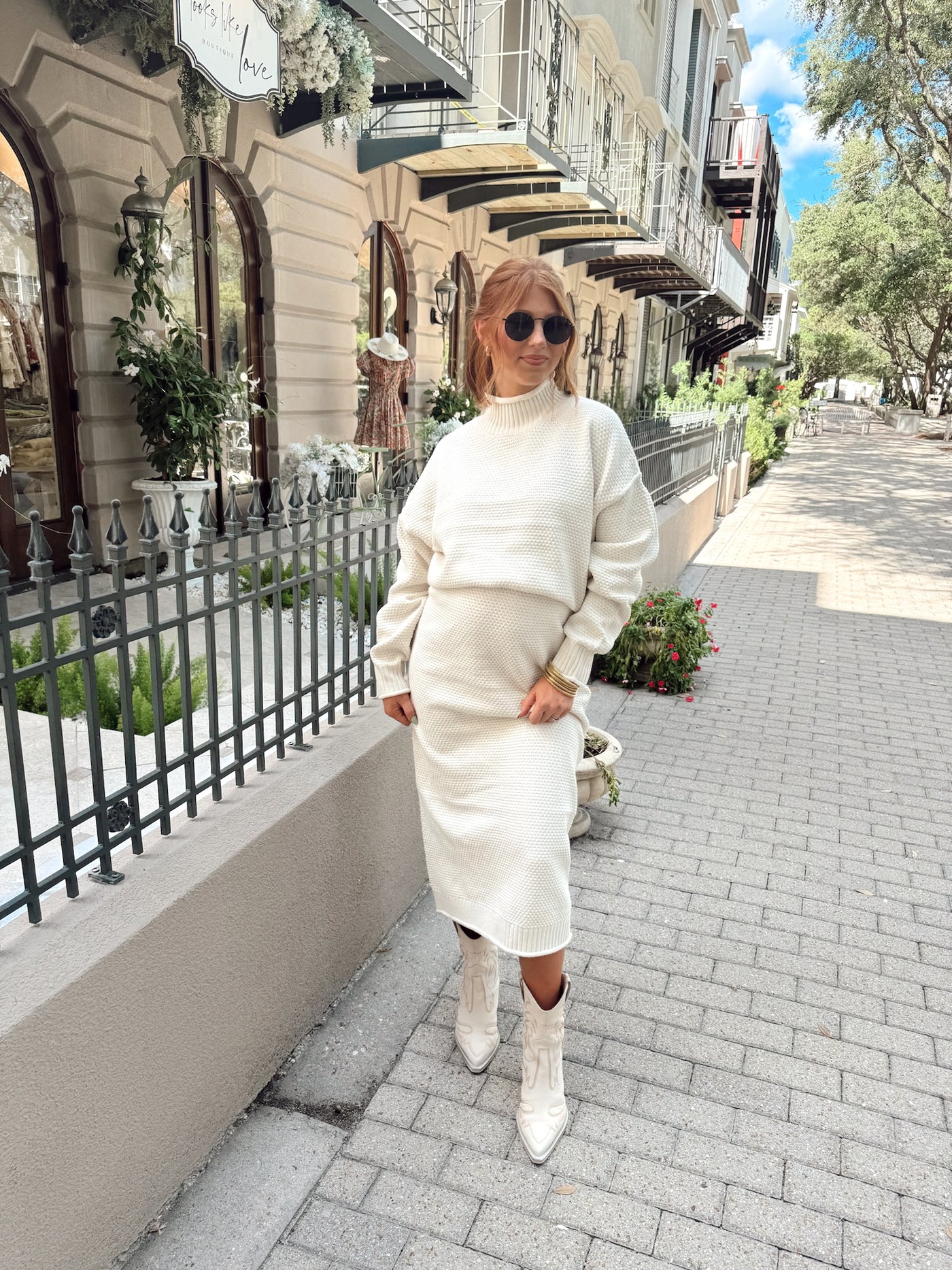 Cream Turtleneck Knit Sweater and Midi Skirt Set