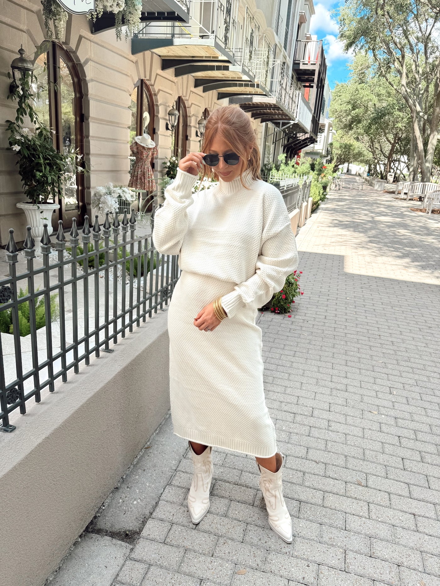 Cream Turtleneck Knit Sweater and Midi Skirt Set