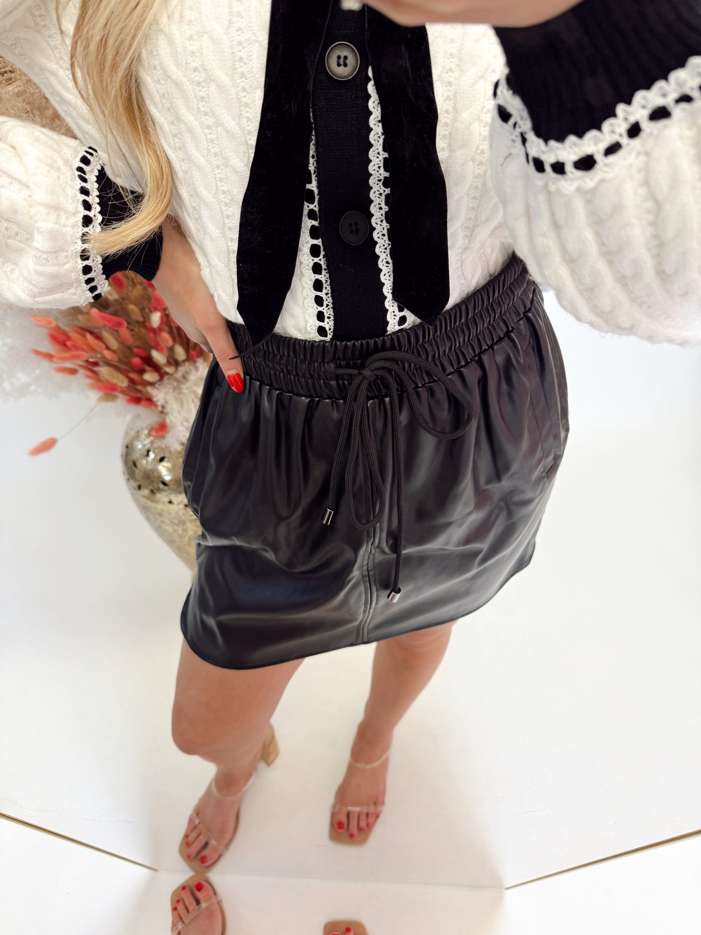 Black Faux Leather Stretch Tie Waist Skirt