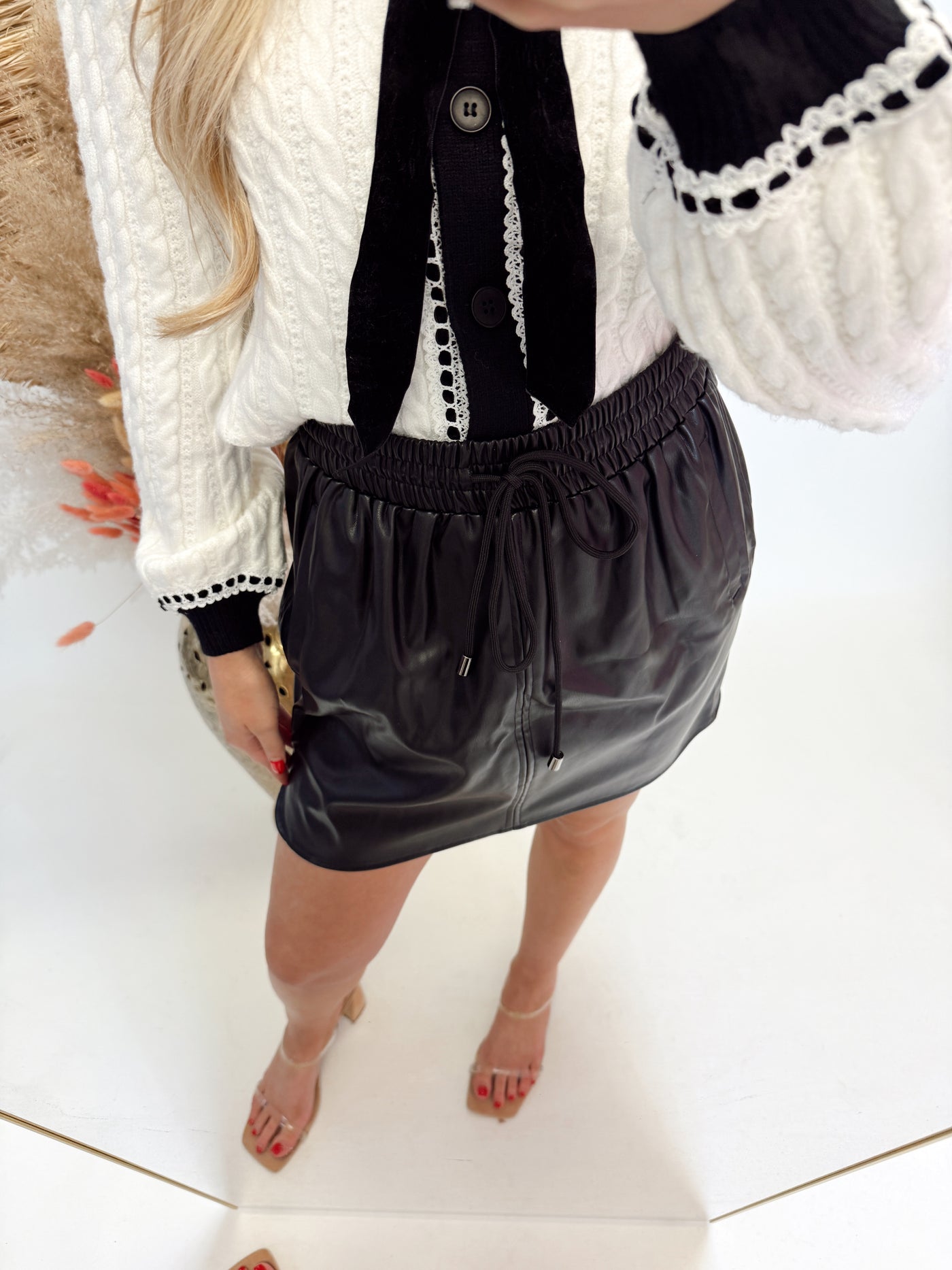 Black Faux Leather Stretch Tie Waist Skirt