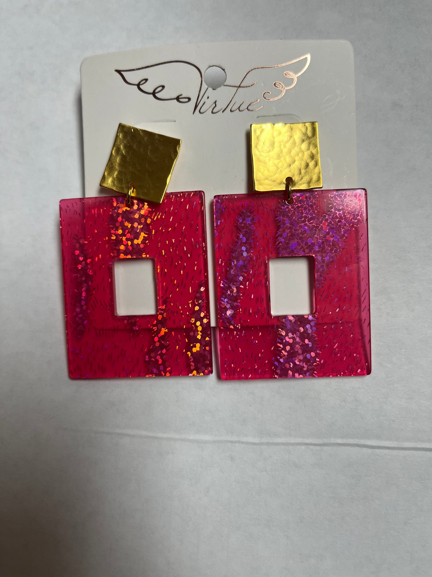 Virtue Jewelry Square Hammered Post Acrylic Earrings - Pink Glitter Zebra