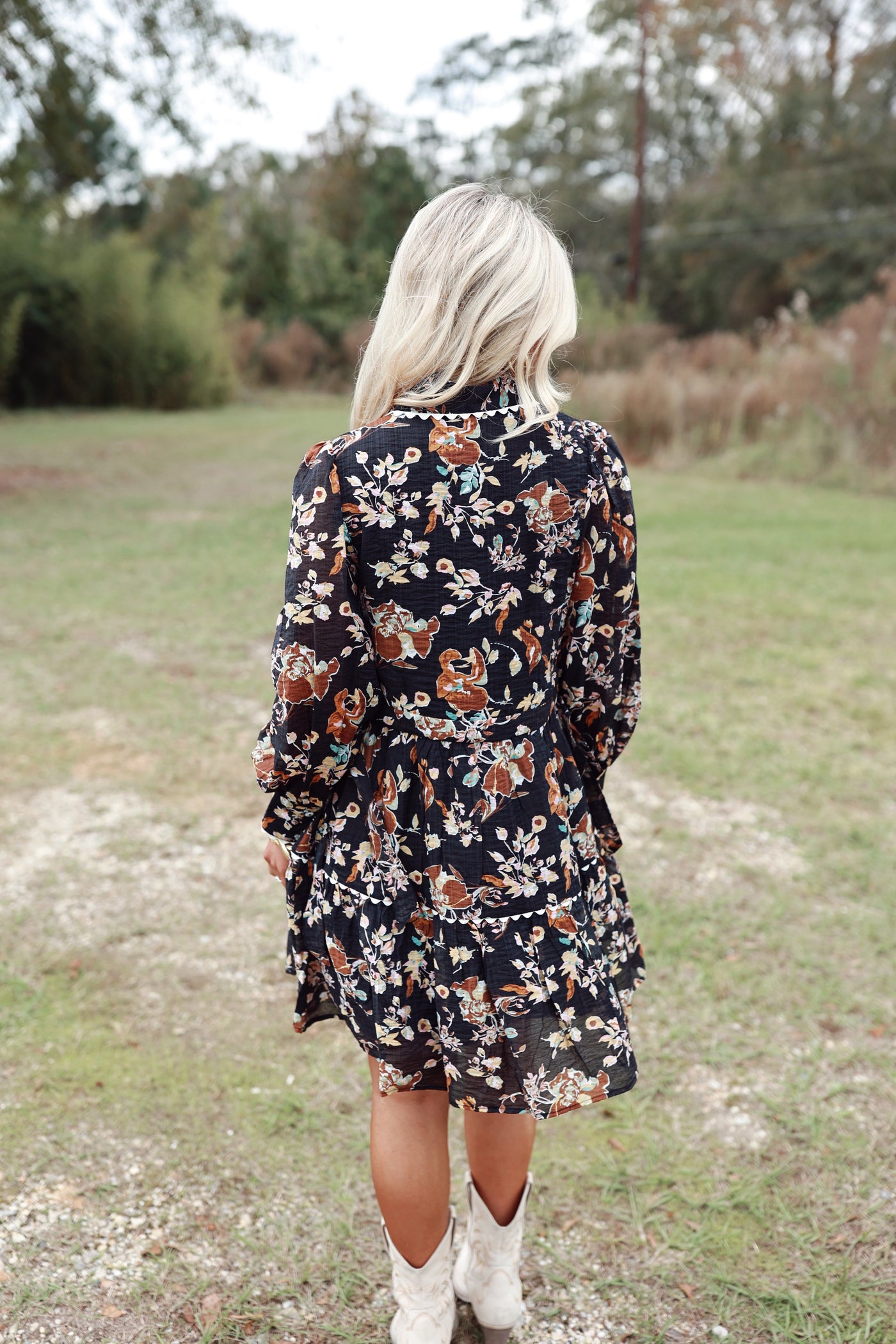 Black Floral Long Sleeve Button Down Dress