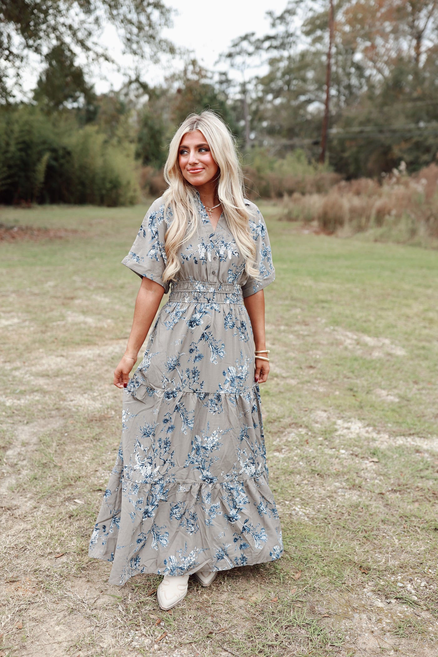 Mocha Grey Floral V-Neck Collared Midi Dress