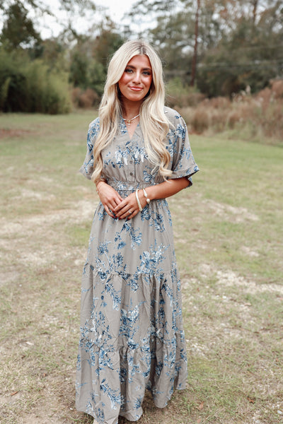 Mocha Grey Floral V-Neck Collared Midi Dress