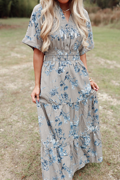 Mocha Grey Floral V-Neck Collared Midi Dress