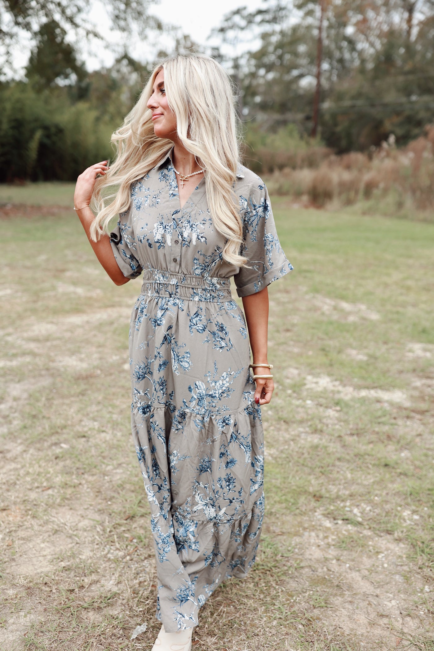 Mocha Grey Floral V-Neck Collared Midi Dress