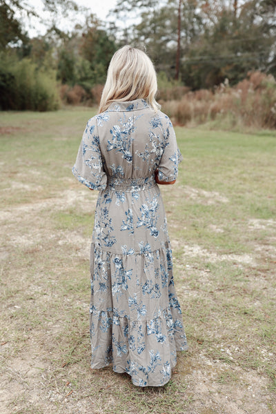 Mocha Grey Floral V-Neck Collared Midi Dress