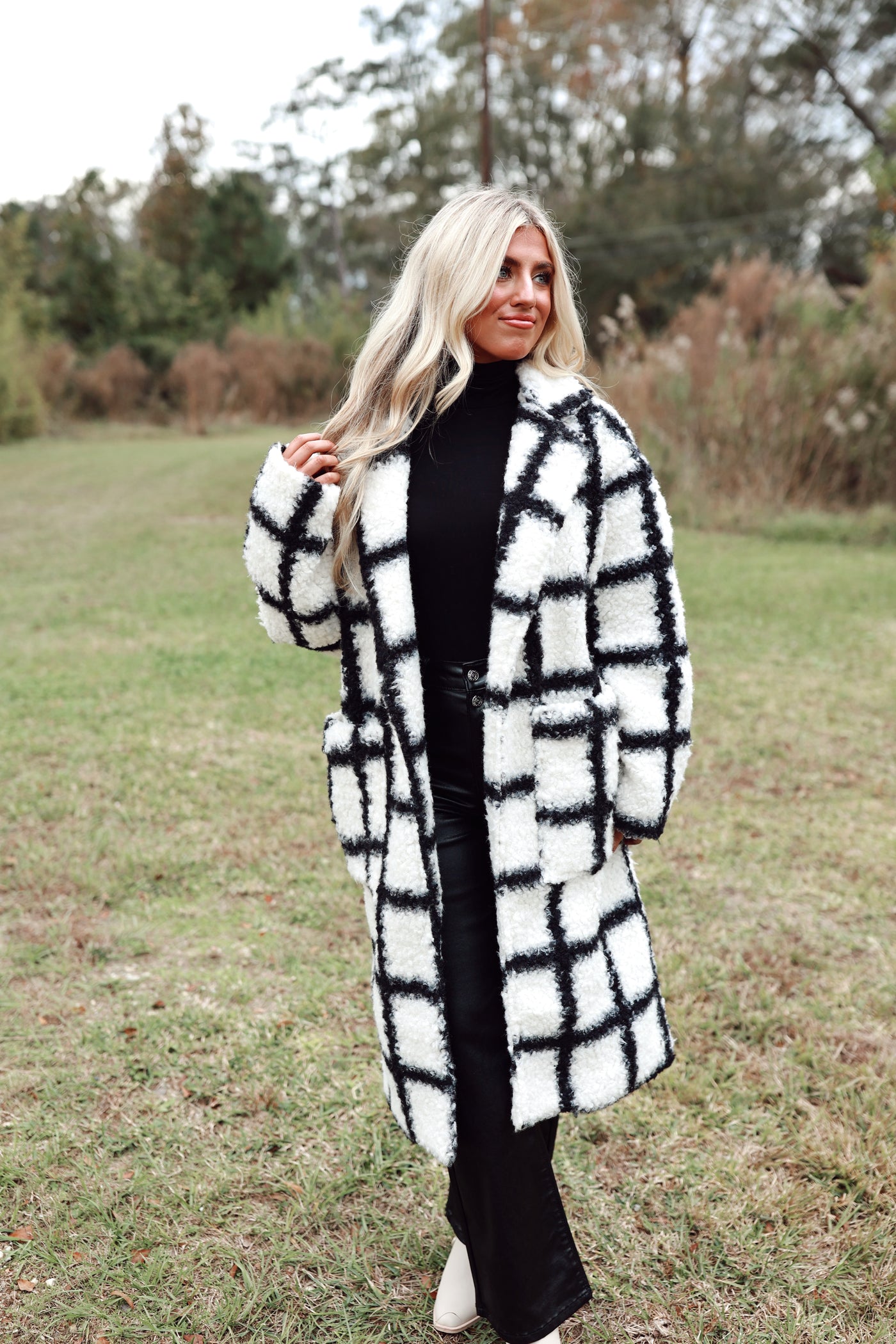 Black & White Plaid Teddy Long Coat