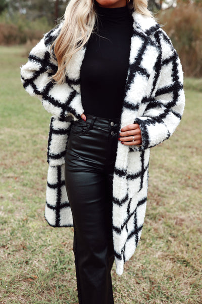 Black & White Plaid Teddy Long Coat