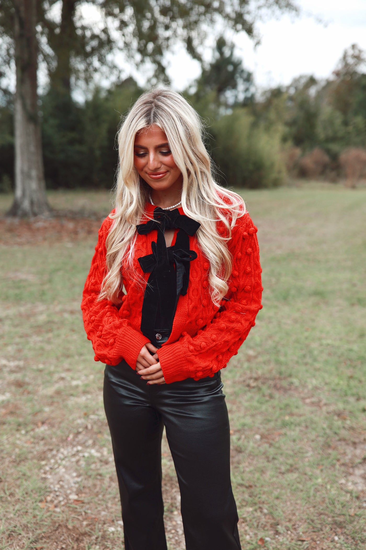 Red Bow Tie Closure Cable Knit Cardigan