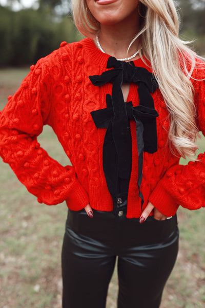 Red Bow Tie Closure Cable Knit Cardigan