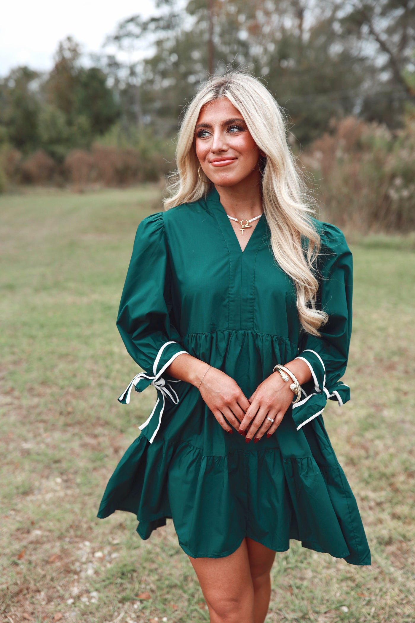 Hunter Green 3/4 Sleeve Bow Detail Tiered Dress