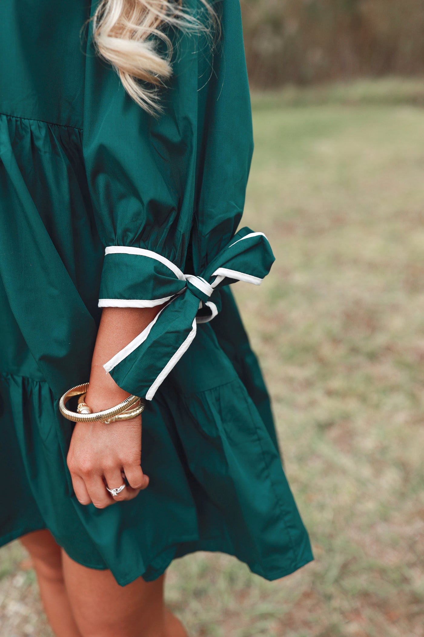 Hunter Green 3/4 Sleeve Bow Detail Tiered Dress