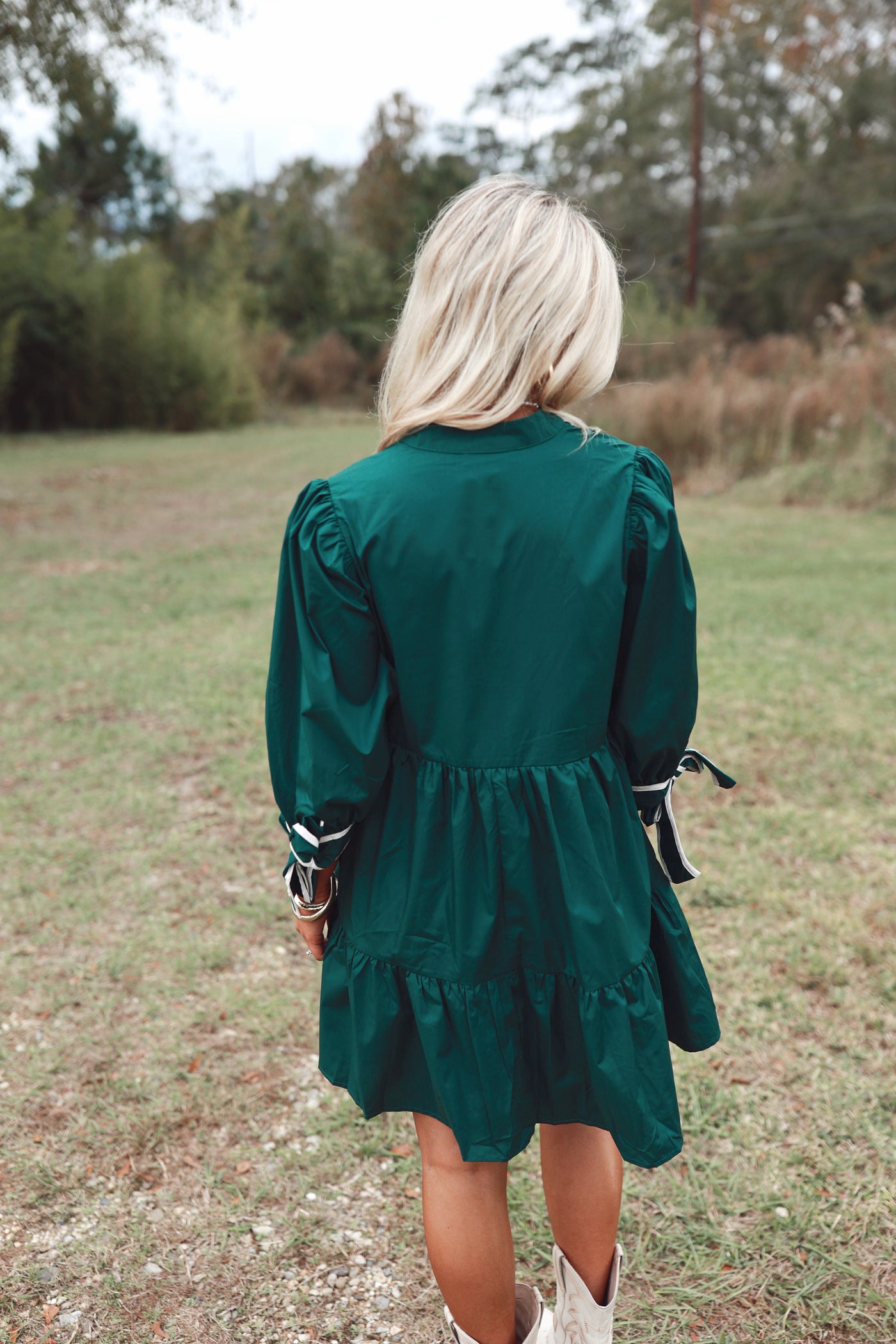 Hunter Green 3/4 Sleeve Bow Detail Tiered Dress