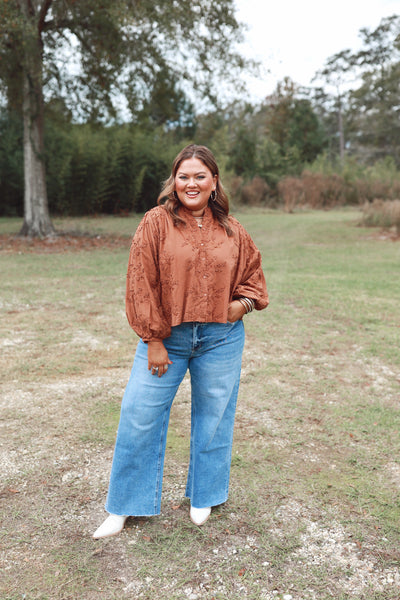 Chestnut Floral Embroidered 3/4 Dolman Sleeve Oversized Top