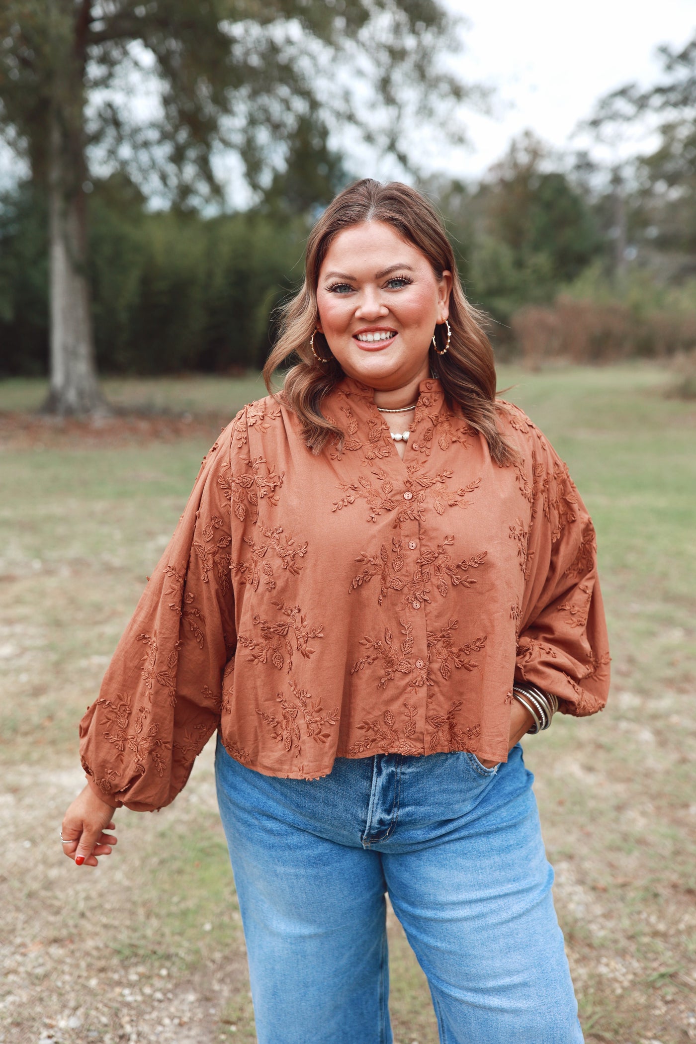 Chestnut Floral Embroidered 3/4 Dolman Sleeve Oversized Top