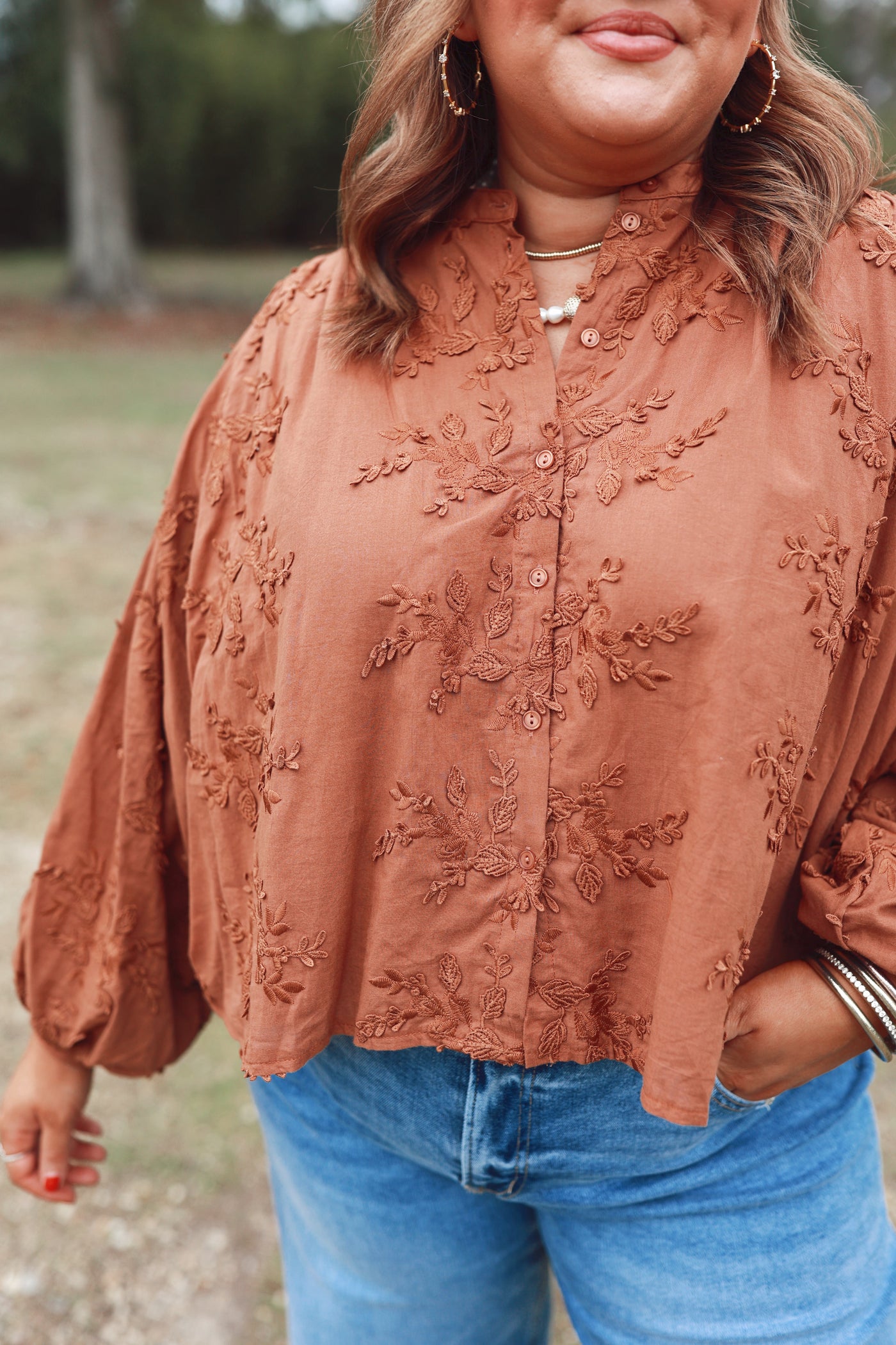 Chestnut Floral Embroidered 3/4 Dolman Sleeve Oversized Top