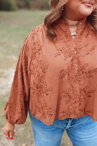 Chestnut Floral Embroidered 3/4 Dolman Sleeve Oversized Top