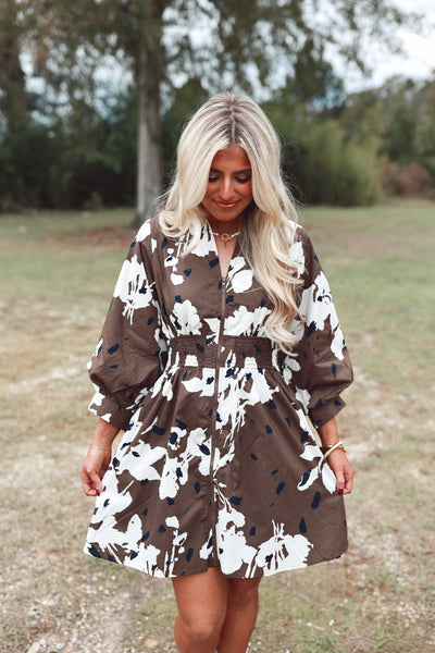 Espresso Printed 3/4 Sleeve Zipper Poplin Dress