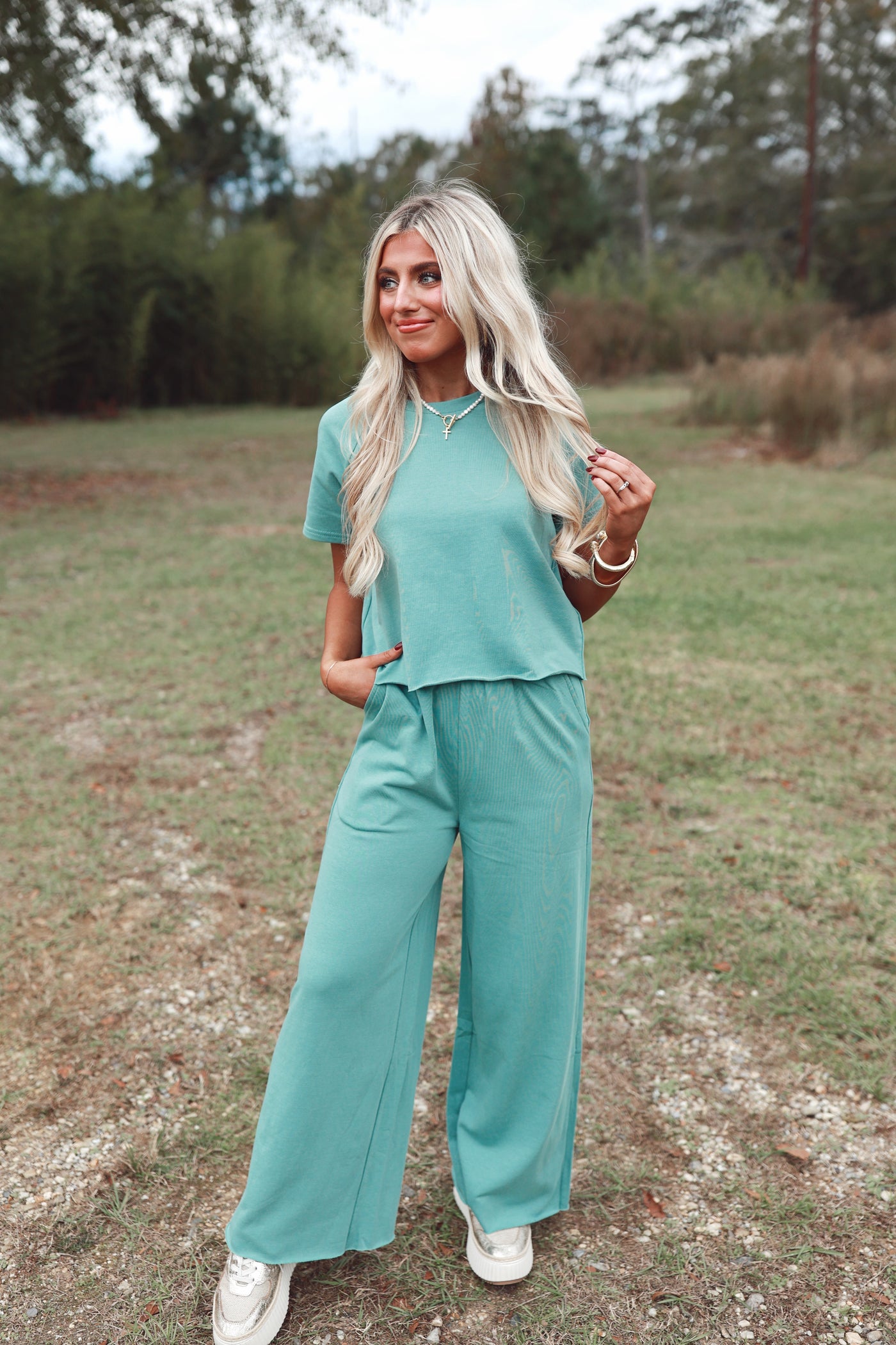 Sage Oversized Tee and Wide Leg Pant Set