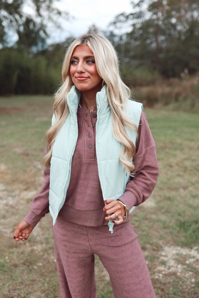 Mauve Long Sleeve Herringbone Henley Top and Pant Set