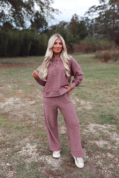 Mauve Long Sleeve Herringbone Henley Top and Pant Set