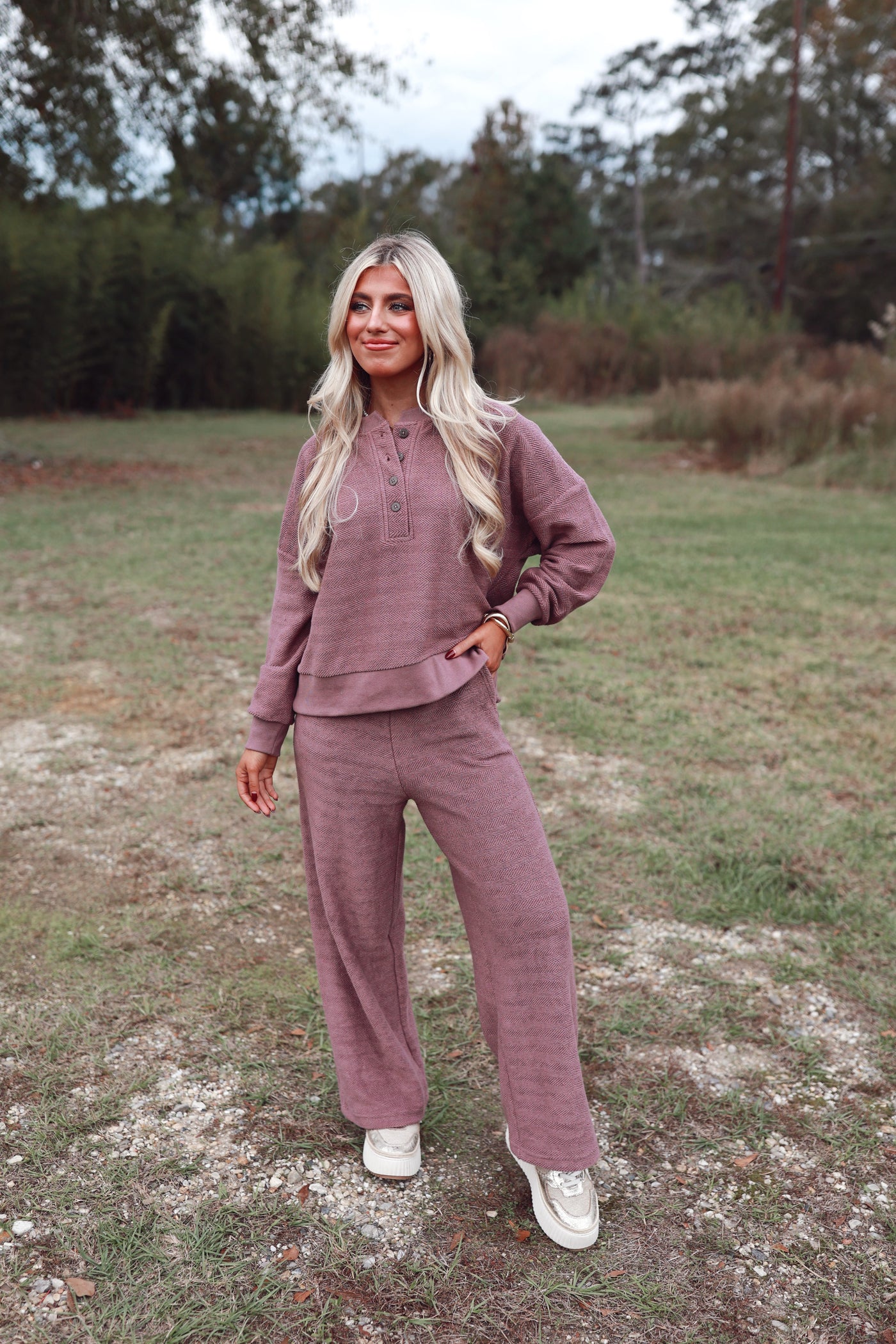 Mauve Long Sleeve Herringbone Henley Top and Pant Set