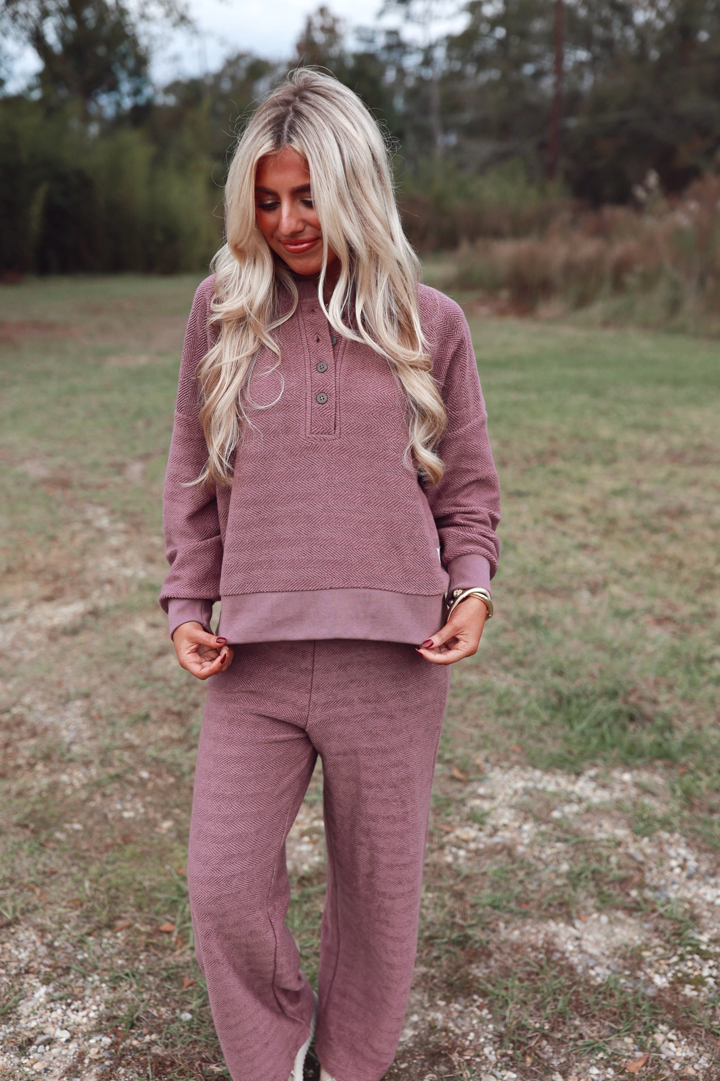 Mauve Long Sleeve Herringbone Henley Top and Pant Set