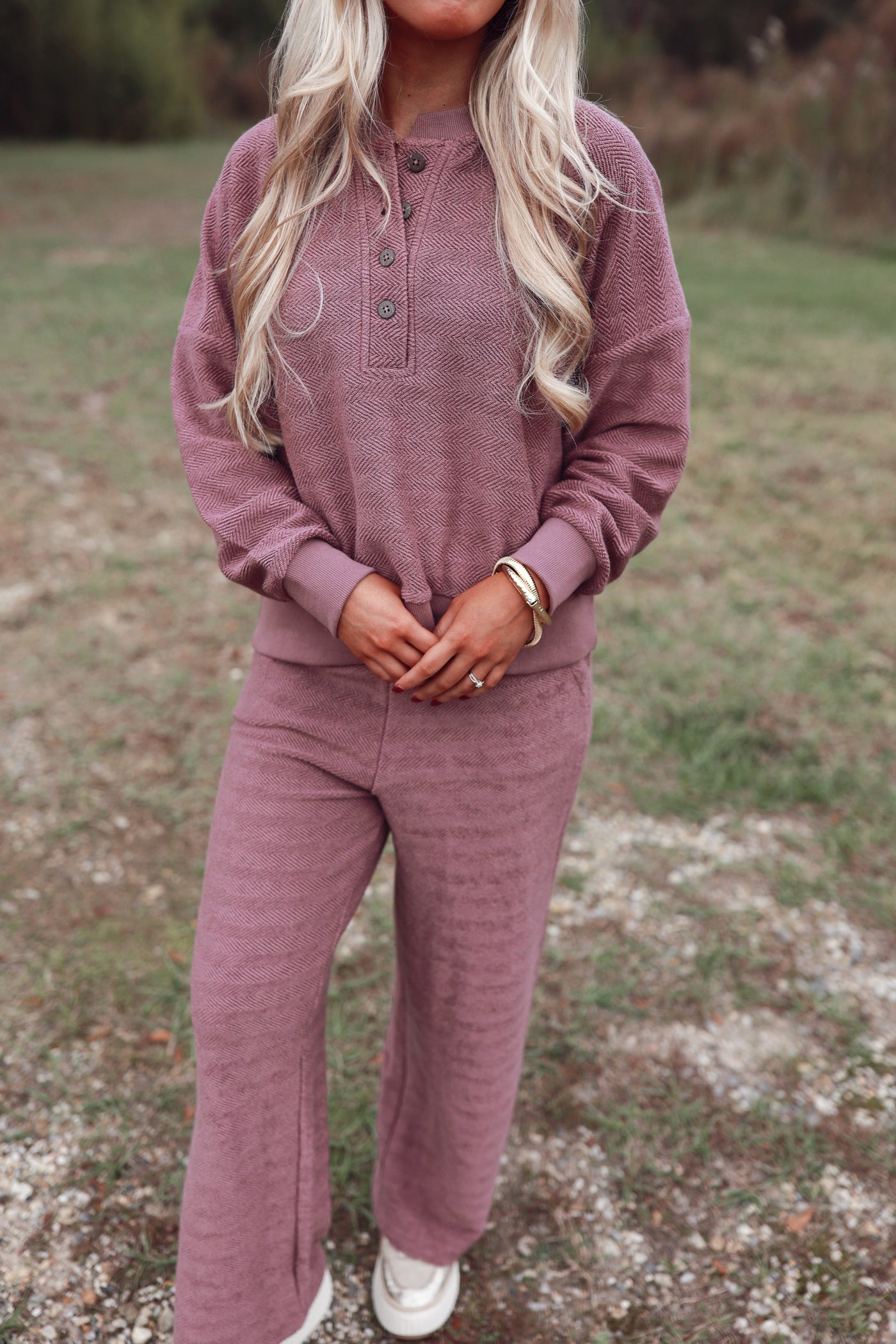 Mauve Long Sleeve Herringbone Henley Top and Pant Set