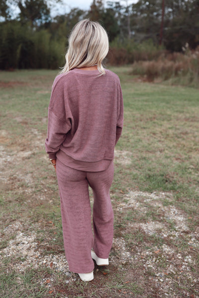 Mauve Long Sleeve Herringbone Henley Top and Pant Set