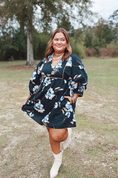 Black Floral Ric Rac Detail V-Neck Dress