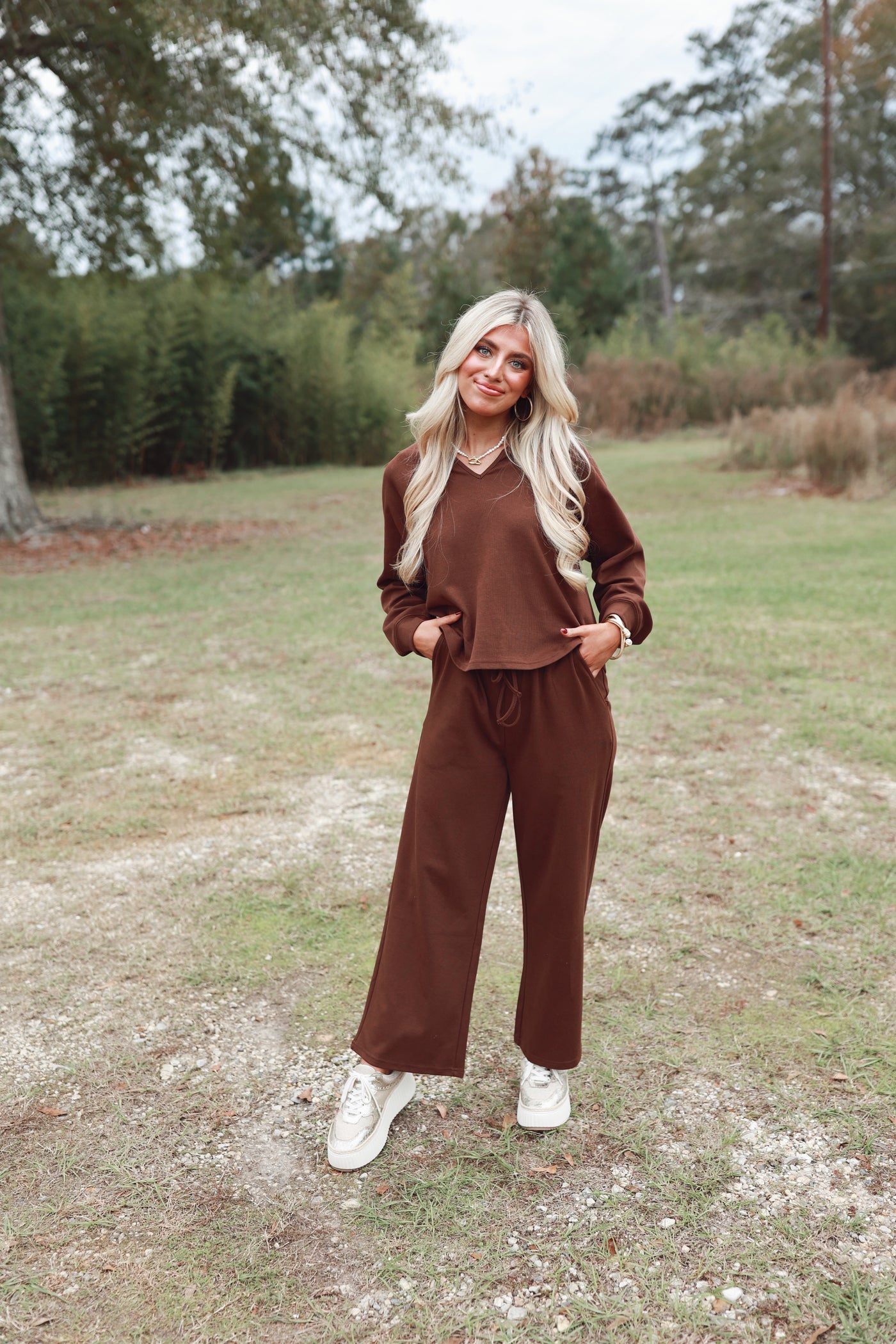 Red Bean Oversized V-Neck Sweatshirt and Pant Set