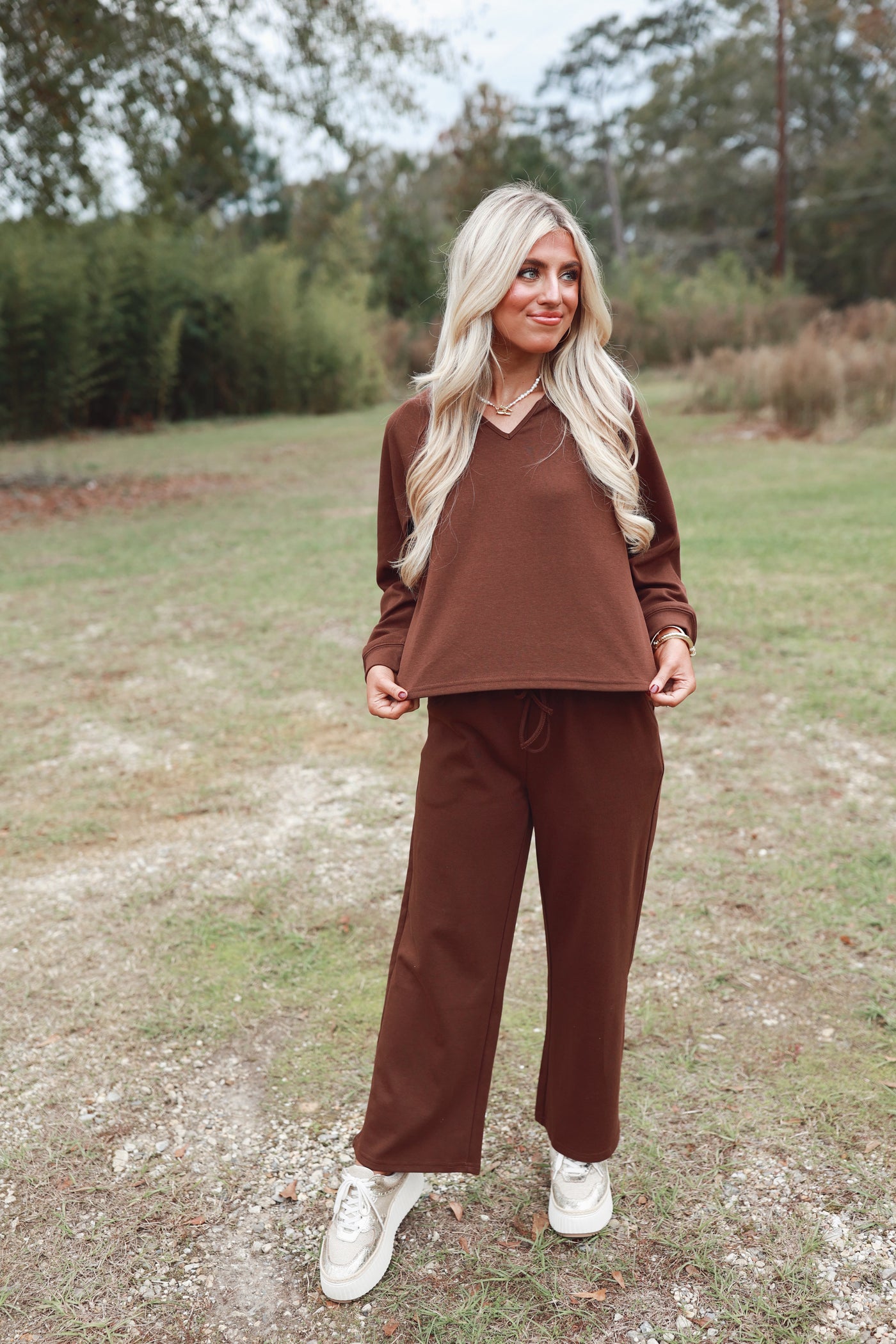 Red Bean Oversized V-Neck Sweatshirt and Pant Set