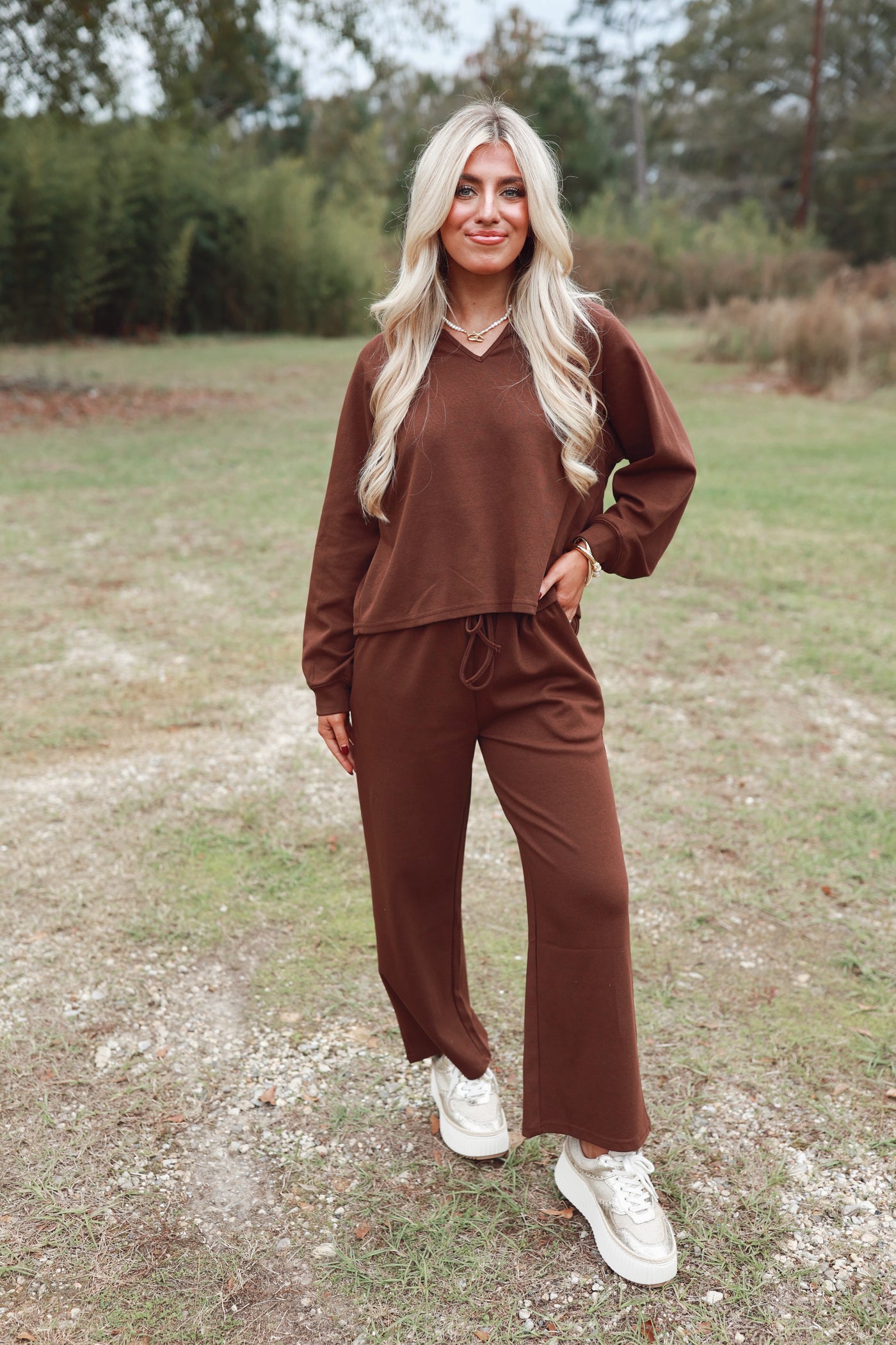 Red Bean Oversized V-Neck Sweatshirt and Pant Set