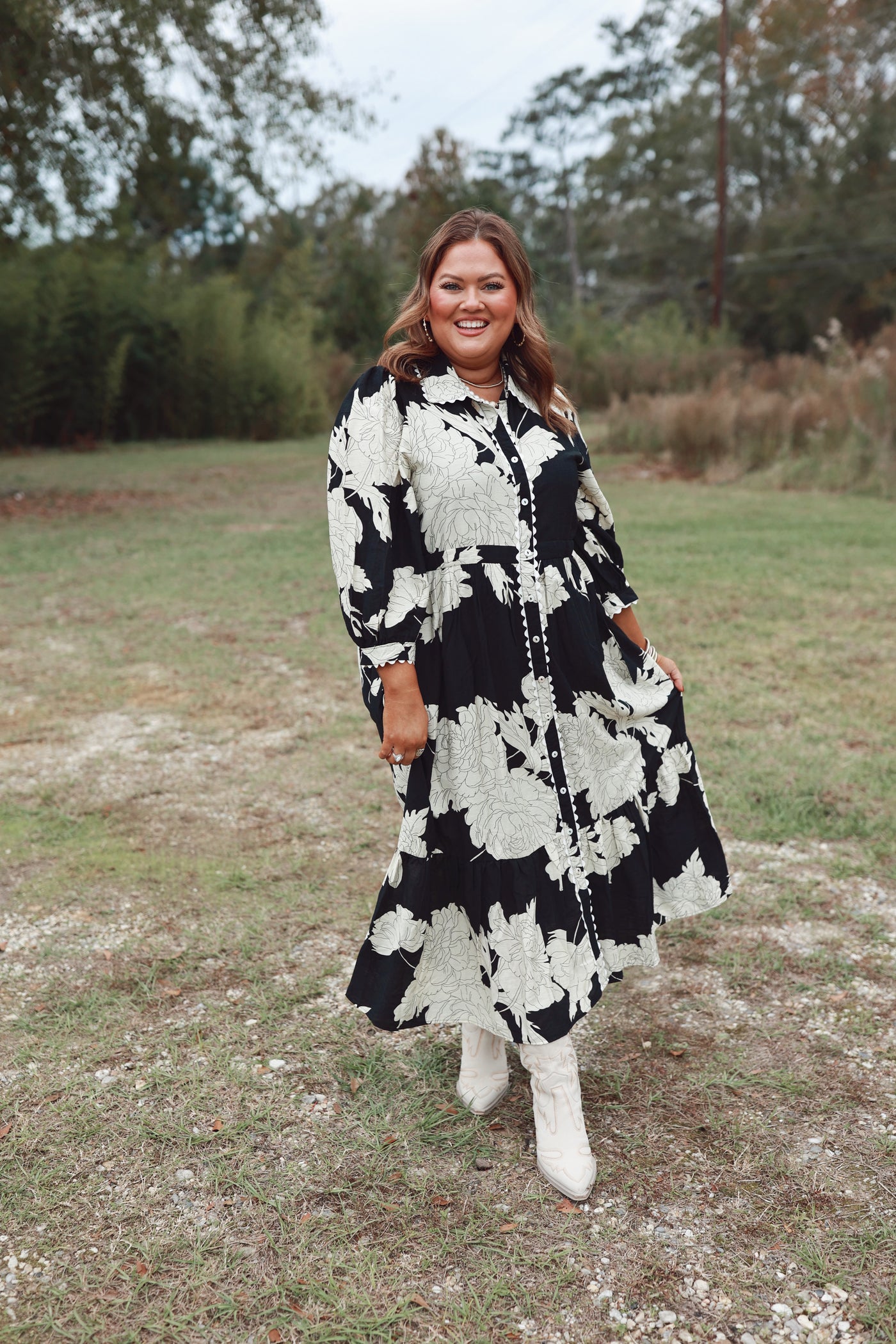 Black Floral Collared Button Down Midi Dress