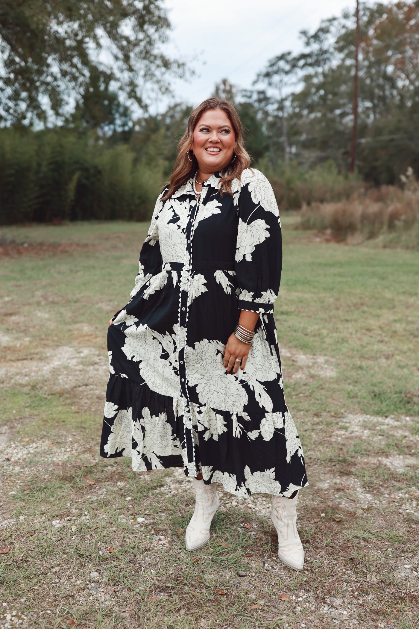 Black Floral Collared Button Down Midi Dress