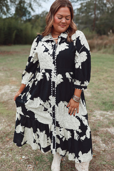 Black Floral Collared Button Down Midi Dress